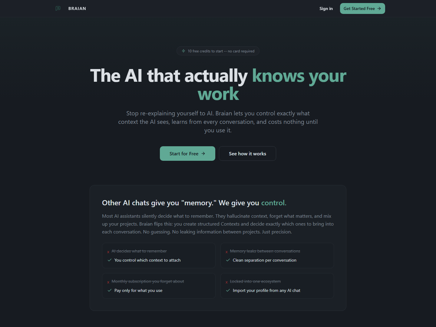 Skarmbild av Braian: Kontextmedveten AI – för närvarande mest chatbot med öppen kontext, men visionen är att tänka om hur vi interagerar med AI. "Chatbots finns bara för att utvecklare var för lata att bygga något riktigt."